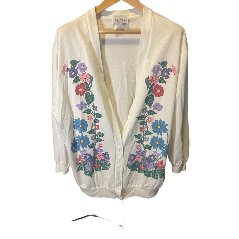 Vintage 90s Joan Stuart White Long V Neck Oversized Cardigan Floral Print Sz L